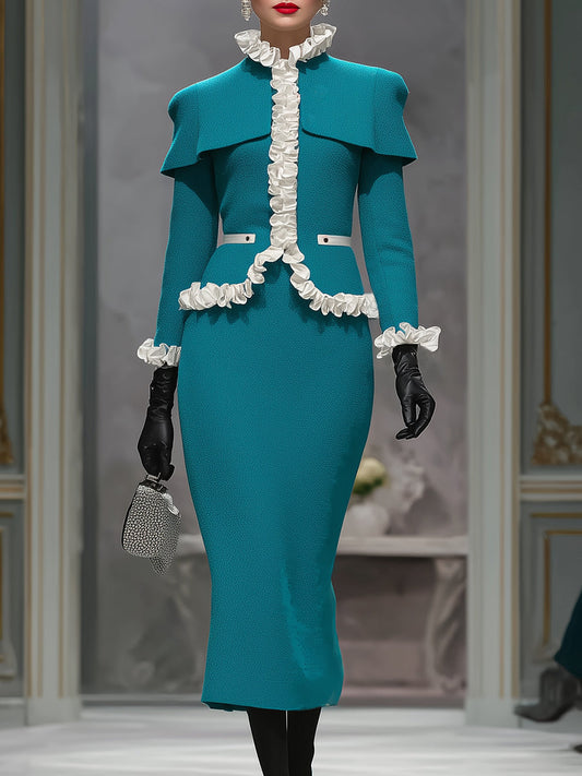 Ensemble Élégant : Veste et Jupe Froncée en Bleu Paon