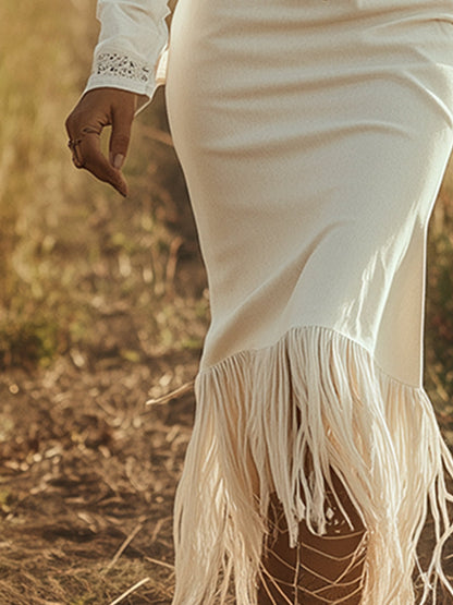 Maxi Robe Vintage Western Cowboy en Faux Denim Off-White avec Zip Demi et Franges à Manches Longues