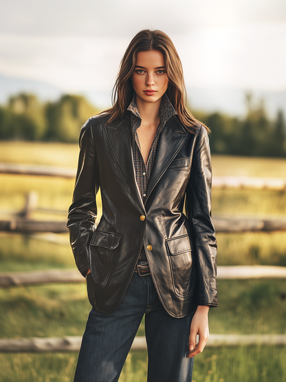 Blazer Western Élégant en Faux Cuir avec Multiples Poches