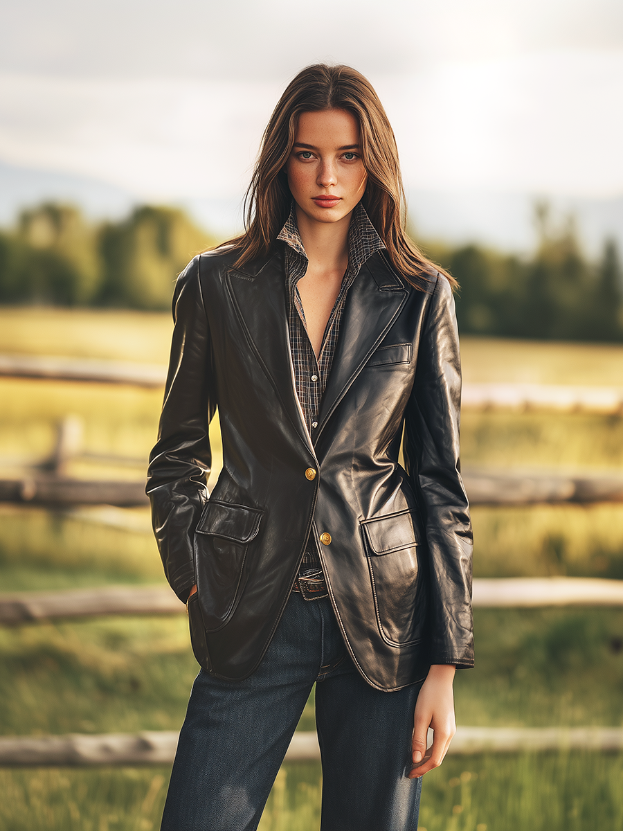 Veste Western Élégante en Faux Cuir à Poches Multiples