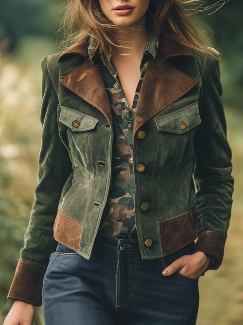 Veste Extérieure en Suède Synthétique avec Couture Contrastée au Style Rétro