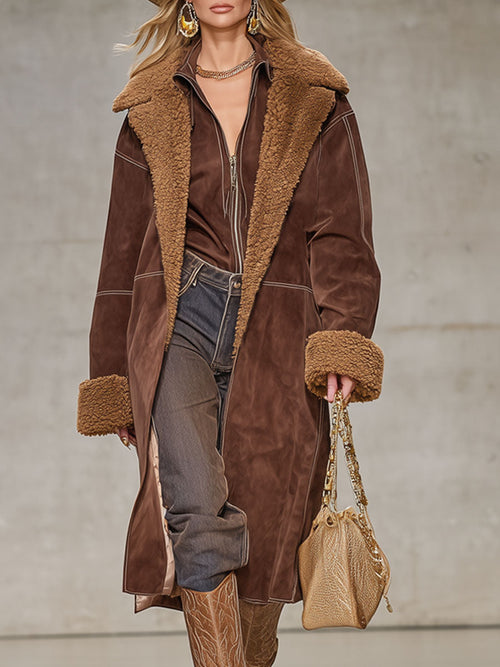 Veste Élégante en Fausse Fourrure et Suède à Col Oversize