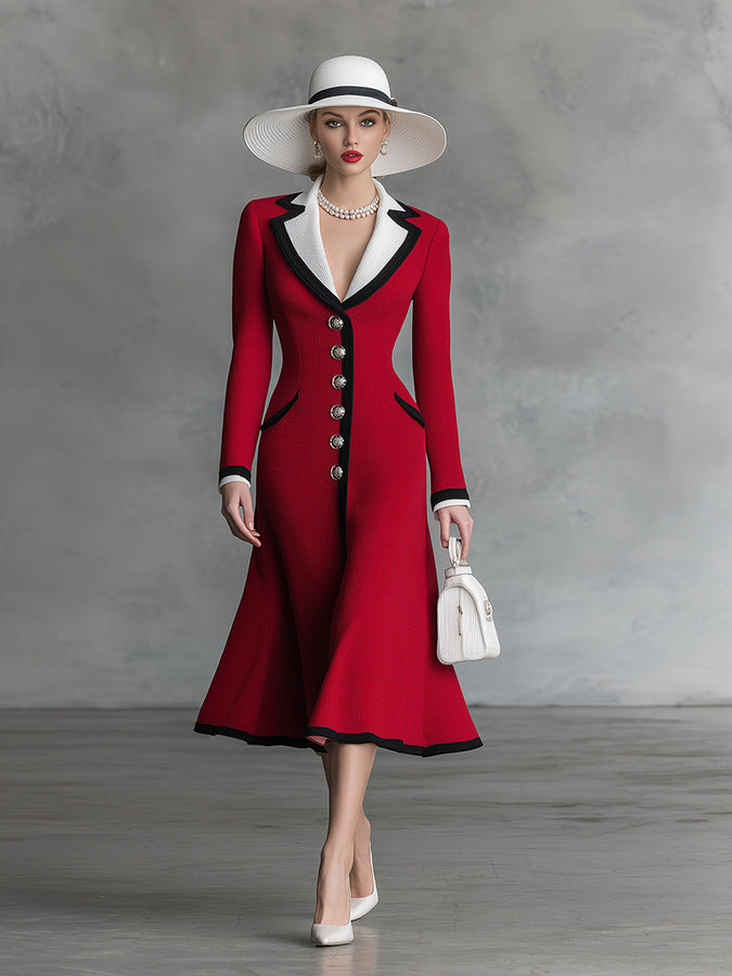 Robe Midi Rouge en Tricot A-ligne : Élégance et Romance avec Col Revers