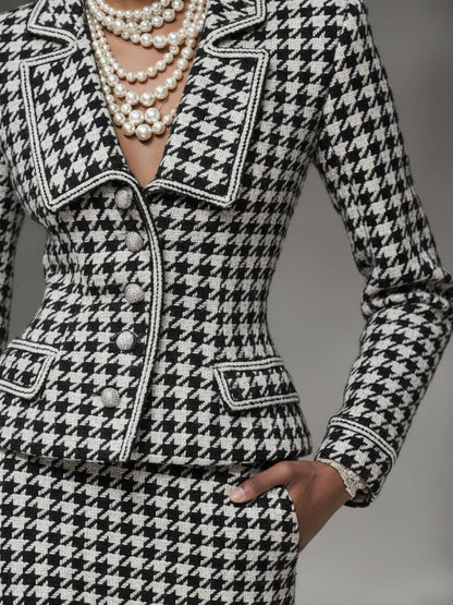 Chic Ensemble Blazer et Jupe à Motif Carreaux Noir et Blanc