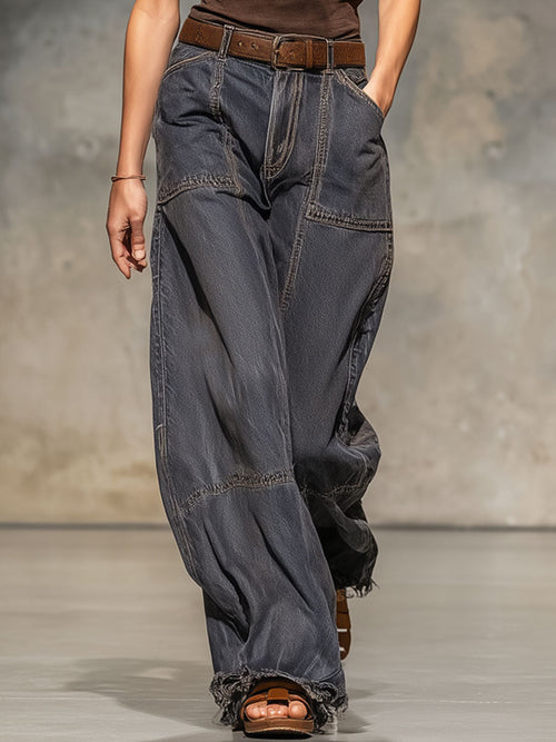 Expédition rapide : Jeans larges en denim vintage gris foncé avec bords bruts