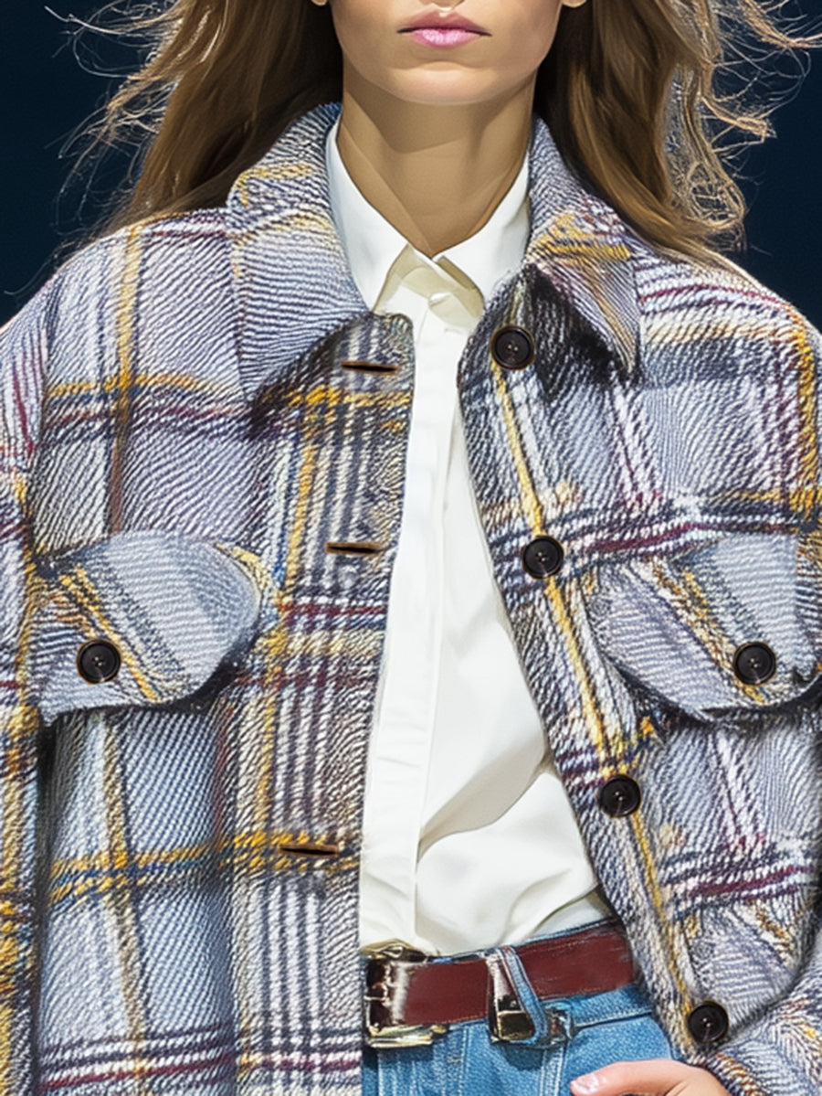 Chic Blazer Décontracté à Carreaux Gris et Jaune