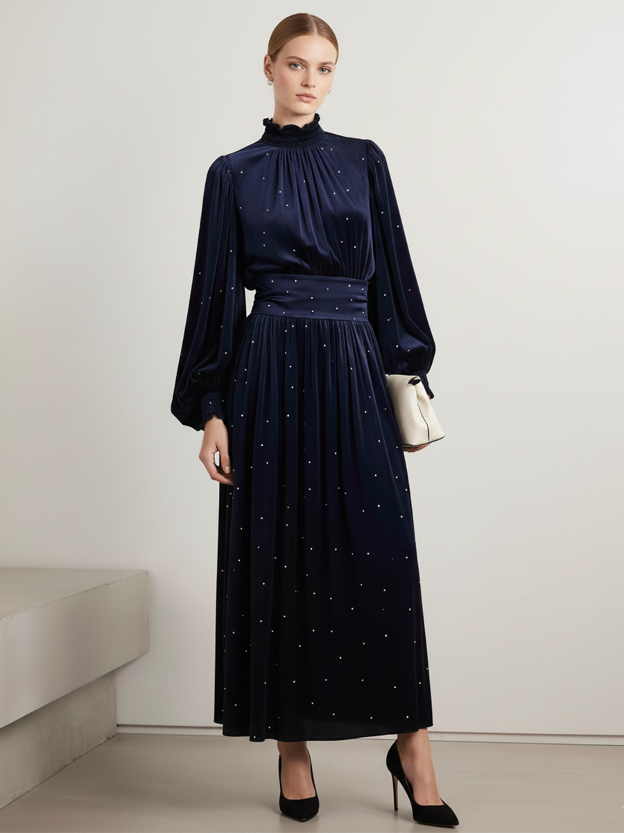 Robe Velours Chic avec Col Montant Étoilé - Élégance Rétro