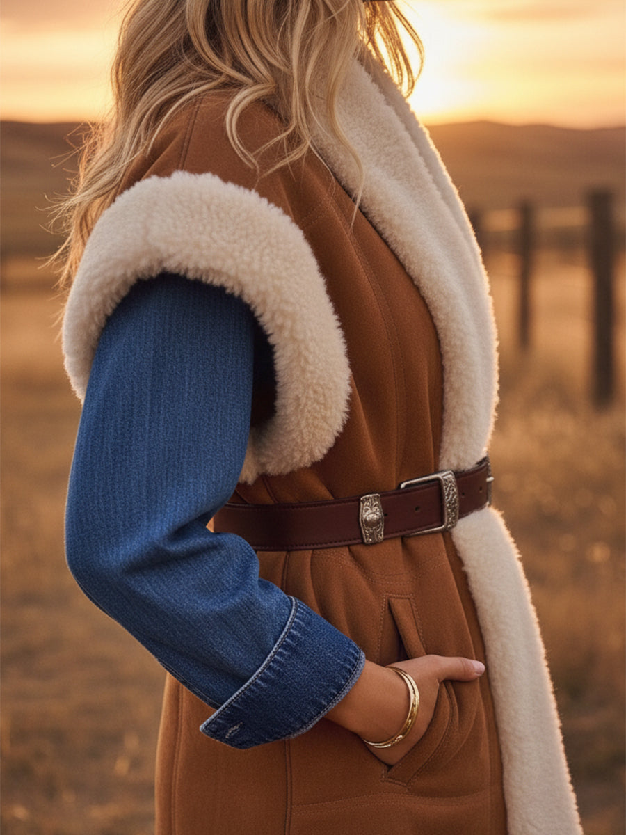 Veste en velours synthétique brun au style rétro occidental