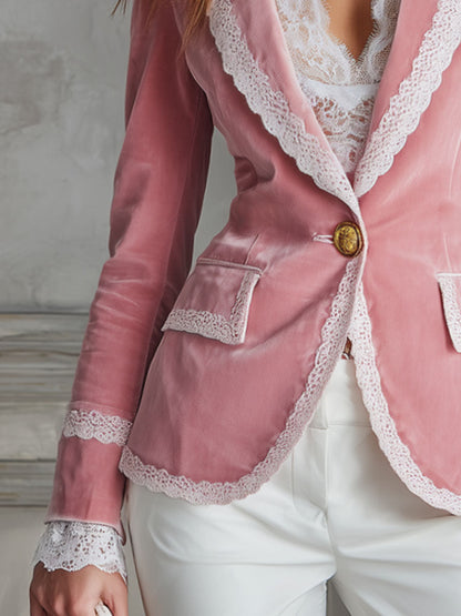 Veste Casual en Velours à Bouton Unique avec Revers