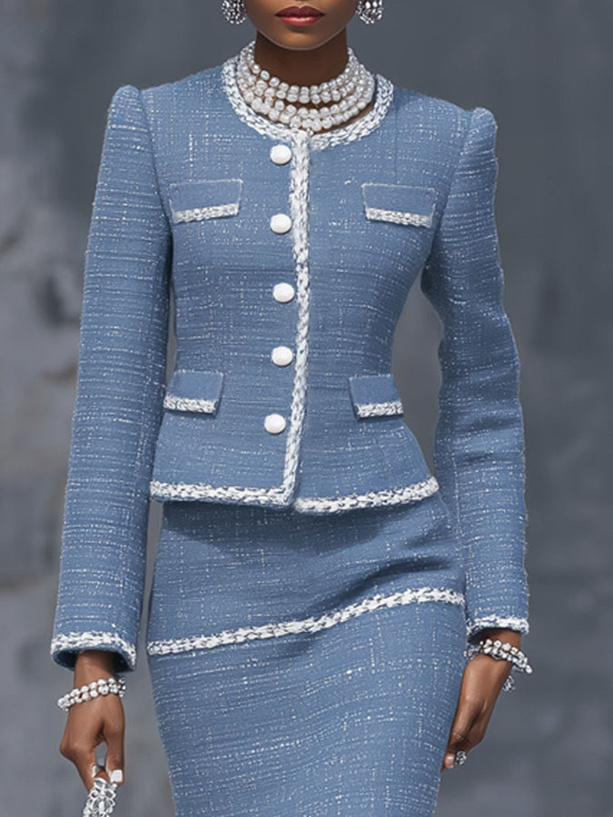 Ensemble Chic : Veste à Boutons Simples et Jupe en Tweed