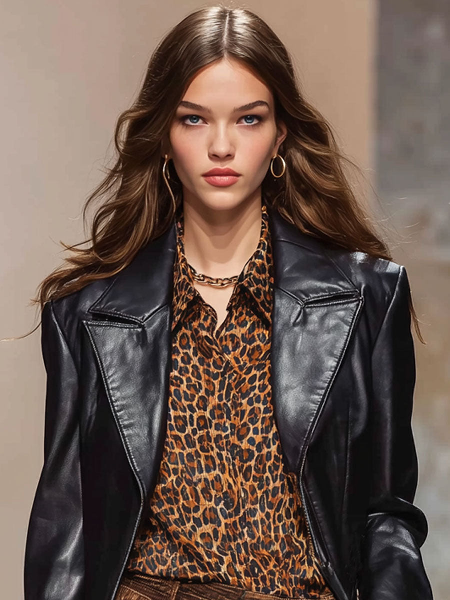 Blazer Noir en Similicuir au Style Rétro avec Revers Ample