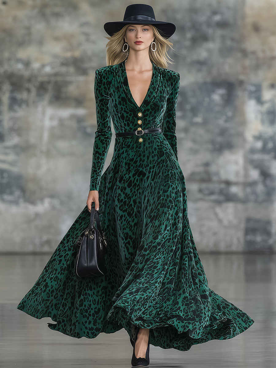Robe Maxi Élégante en Velours Vert Léopard au Style Rétro