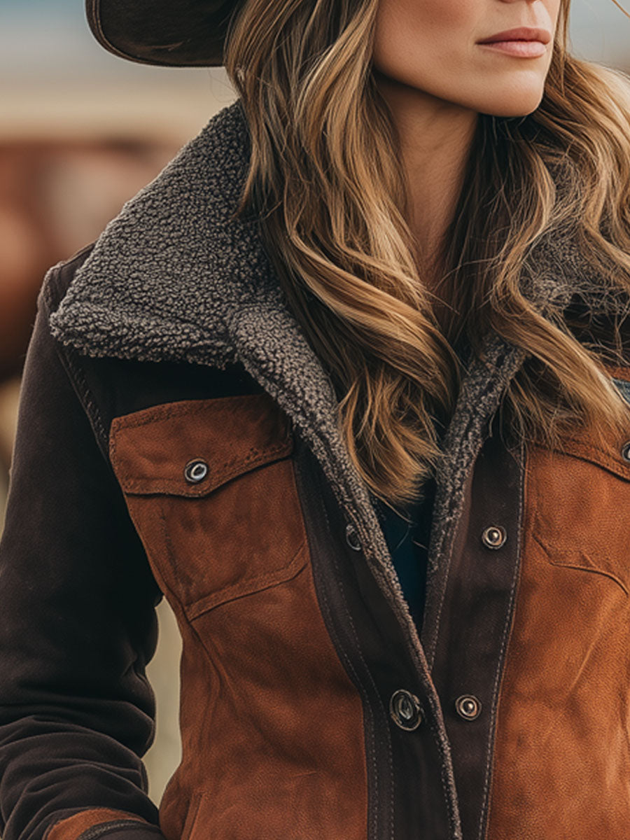 Veste en Polaire Fausse Suède Chocolat Caramel - Style Vintage Western