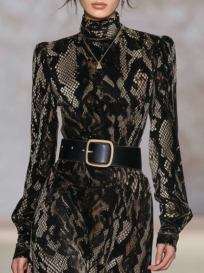 Maxi Velour Snake Print Dress with High Collar and Long Sleeves – Stylish and Alluring