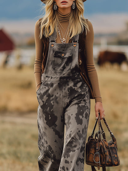 Salopette Oversize en Velours Gris à Motif Vache - Style Rétro Western Nomade