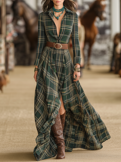 Robe Maxi Rétro à Carreaux Western avec Manches Longues