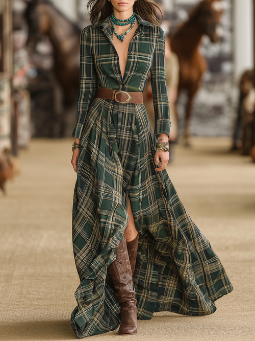 Robe Maxi Rétro à Carreaux Western avec Manches Longues