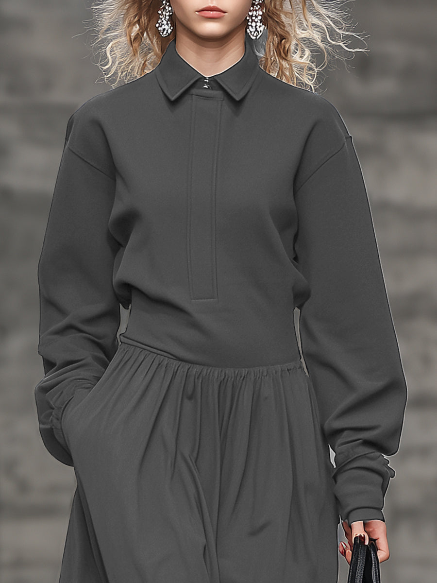 Robe Maxi Grise Sportive à Col Volant pour un Style Décontracté