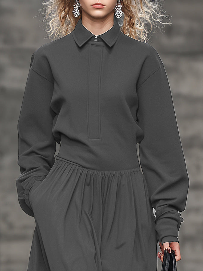 Robe Maxi Grise Sportive à Col Volant pour un Style Décontracté