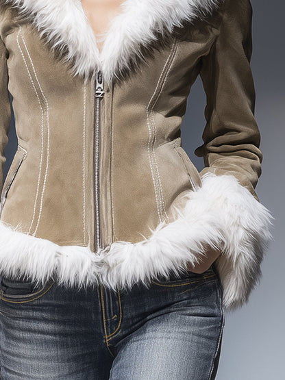 Veste Zippée Kaki en Suédine avec Détails en Peluche Vintage