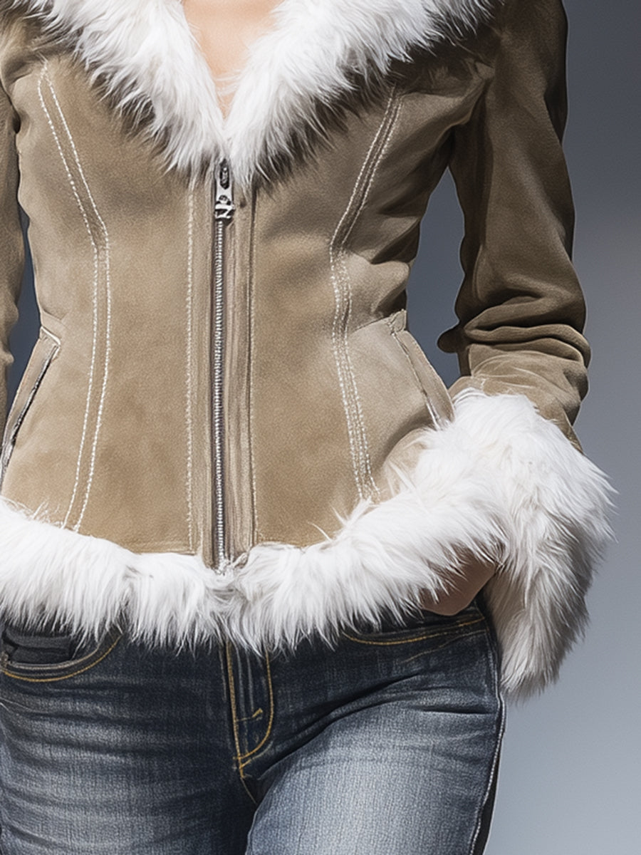 Veste zippée en faux suède kaki avec col en peluche rétro