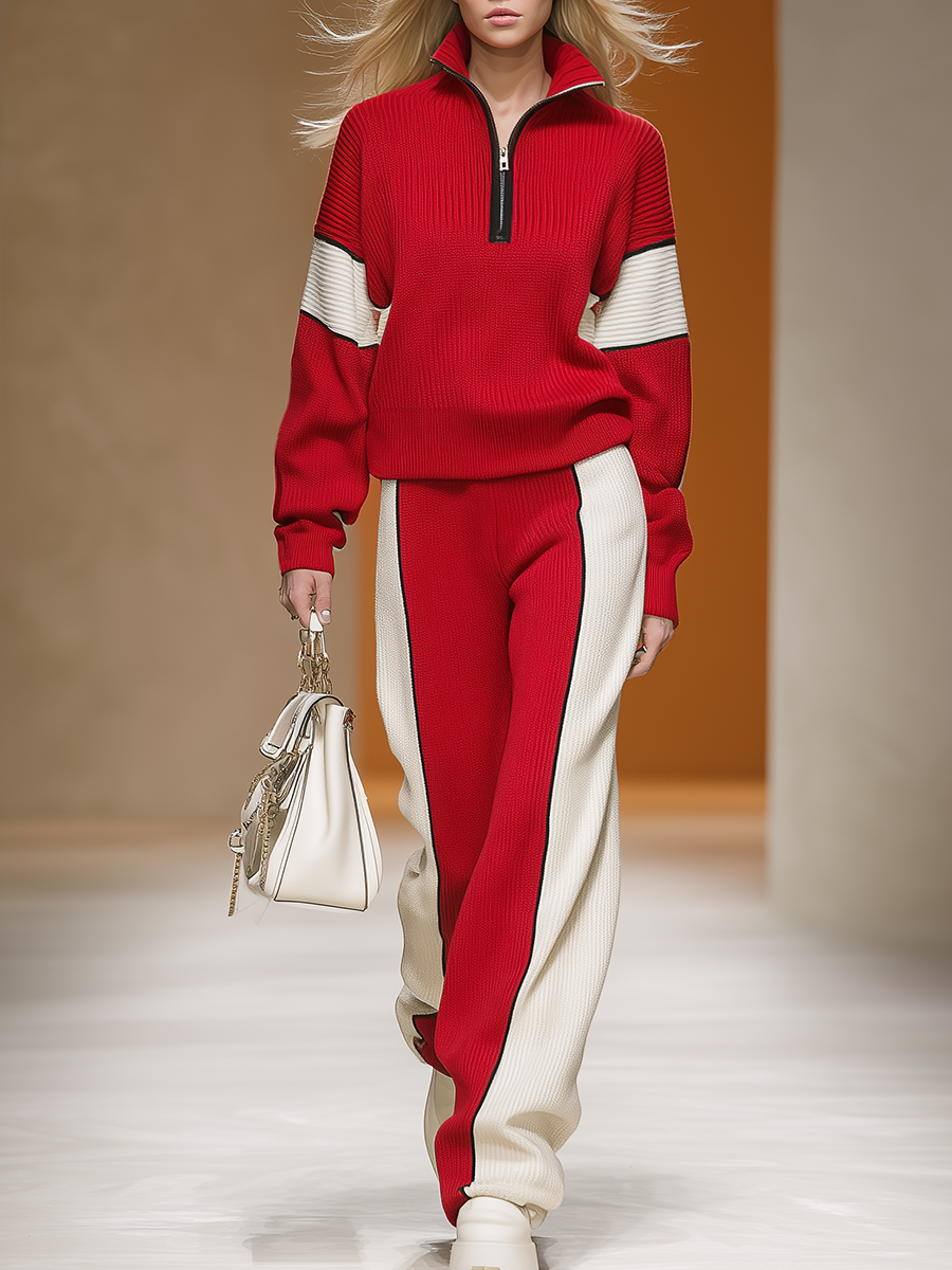 Ensemble Sportif Rétro en Tricot : Haut et Pantalon aux Couleurs Contrastées