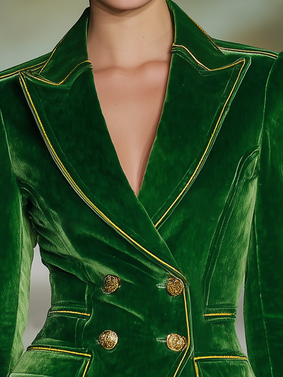 Veste en Velours Vert Éclatante avec Détails en Toile Dorée