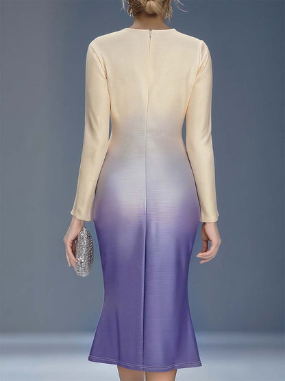 Robe Midi Élégante à Motif Floral 3D en Dégradé Beige et Violet