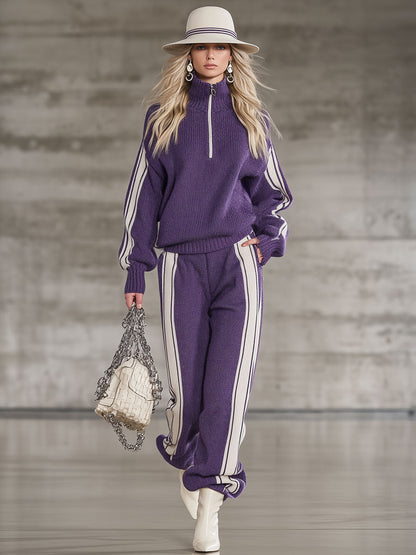 Ensemble Sportif Casual Violet avec Pull Tricoté à Demi-Zip et Pantalon