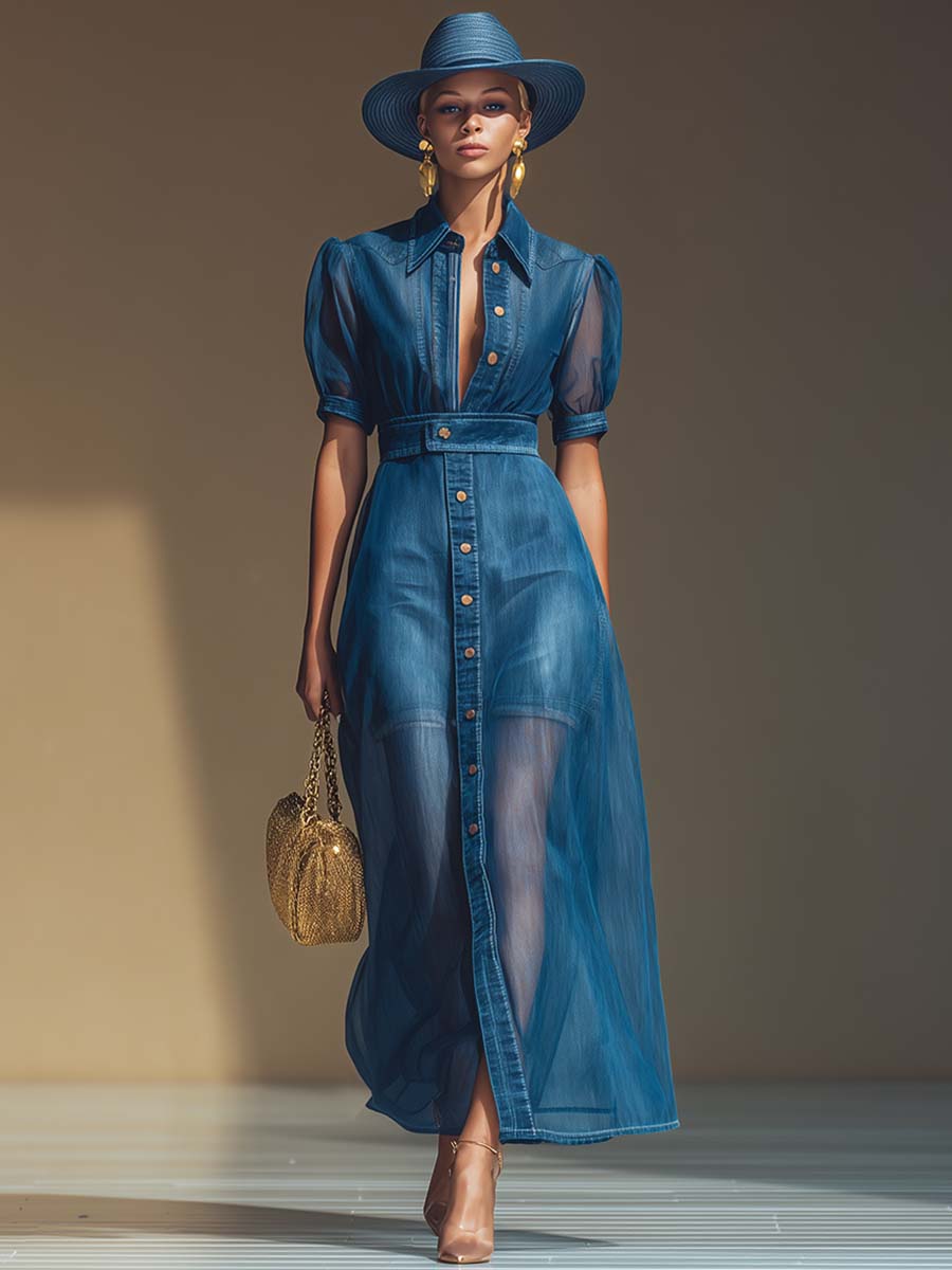 Robe Maxi en Denim Bleu à Manches Courtes avec Décolleté en V et Détails en Organza