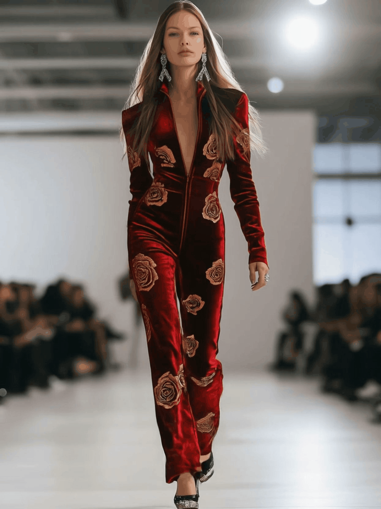 Expédition rapide en 24h : Salopette en velours rouge rétro avec impression de roses dorées et zip, style décontracté