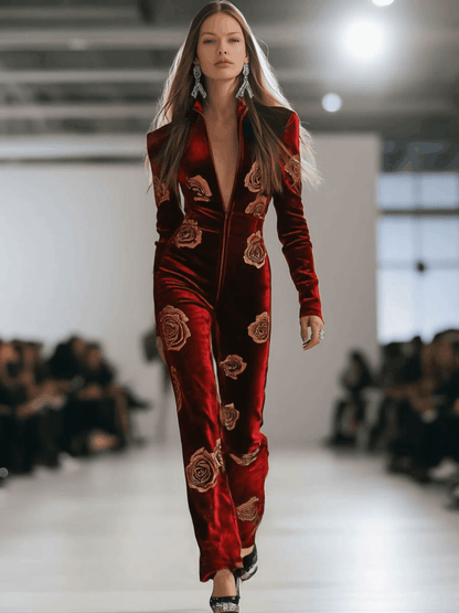 Expédition rapide en 24h : Salopette en velours rouge rétro avec impression de roses dorées et zip, style décontracté