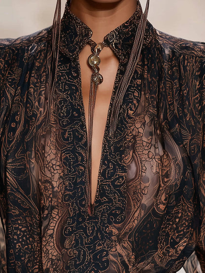 Chemise Longue Imprimée à Manches avec V-Cou en Mocha Premium