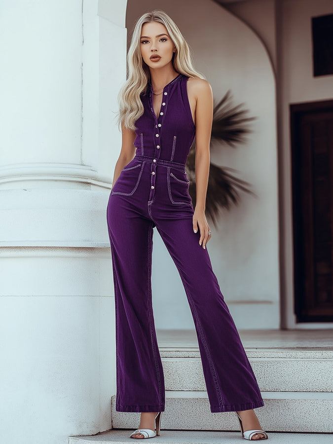 【Expédition en 24h】Combinaison sans manches en denim violet vintage chic
