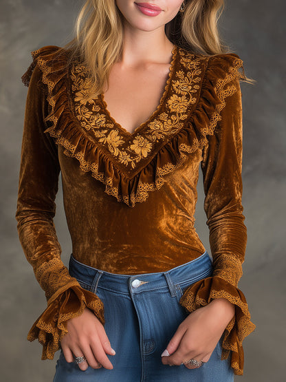 Top en Velours Marron à Col V, Orné de Dentelle Brodée et Manches Évasées