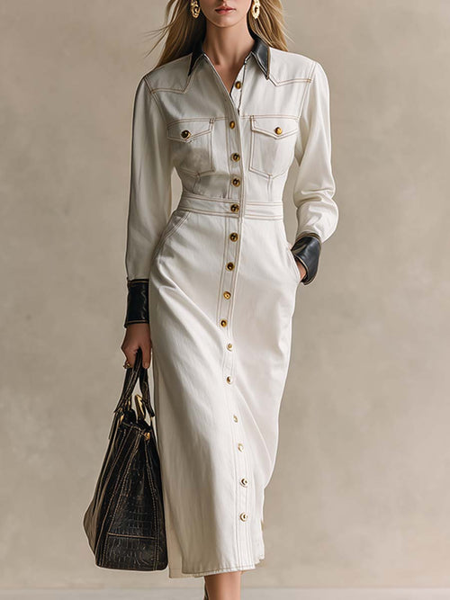 Robe Maxi en Denim Blanc Chic avec Détails en Cuir