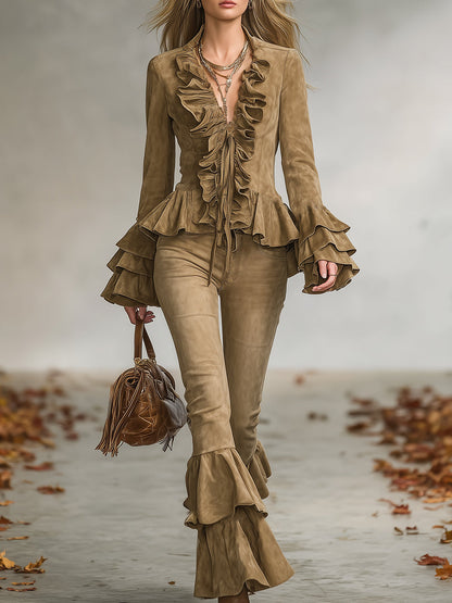 Ensemble Chic en Suédine Kaki Vintage avec Volants