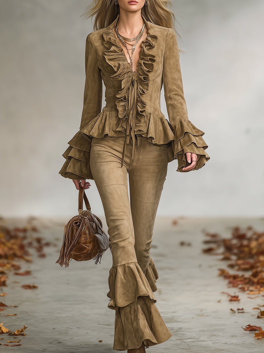 Ensemble Chic en Suédine Kaki avec Volants Vintage