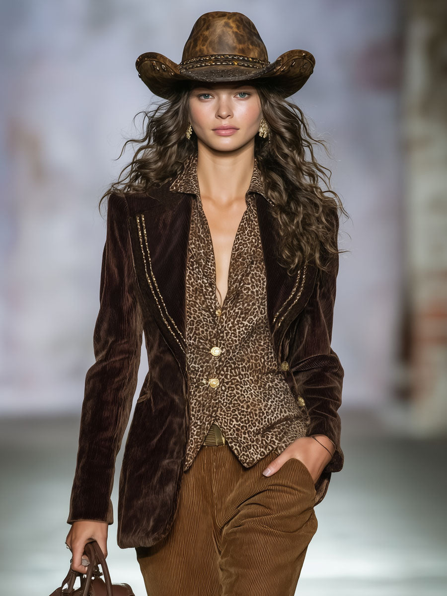 Blazer Vintage en Velours Côtelé avec Détails Dorés