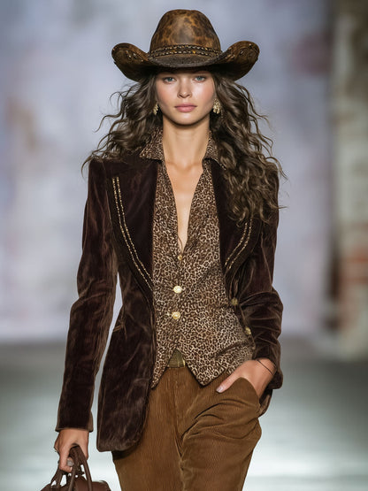 Blazer Vintage en Velours Côtelé avec Détails Dorés