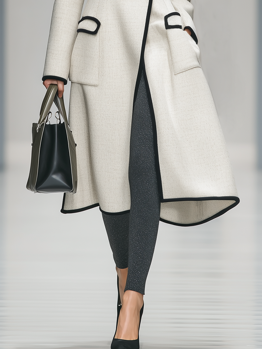 Veste Rétro Élégante à Col Rond et Manches Longues avec Détails Contrastés