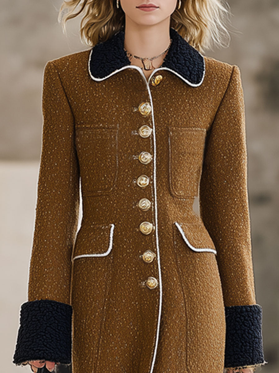 Long Camel Wool Coat with Retro Black Fleece Panels - Oversized Style