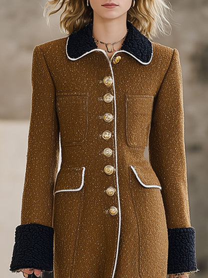 Long Camel Wool Coat with Retro Black Fleece Panels - Oversized Style