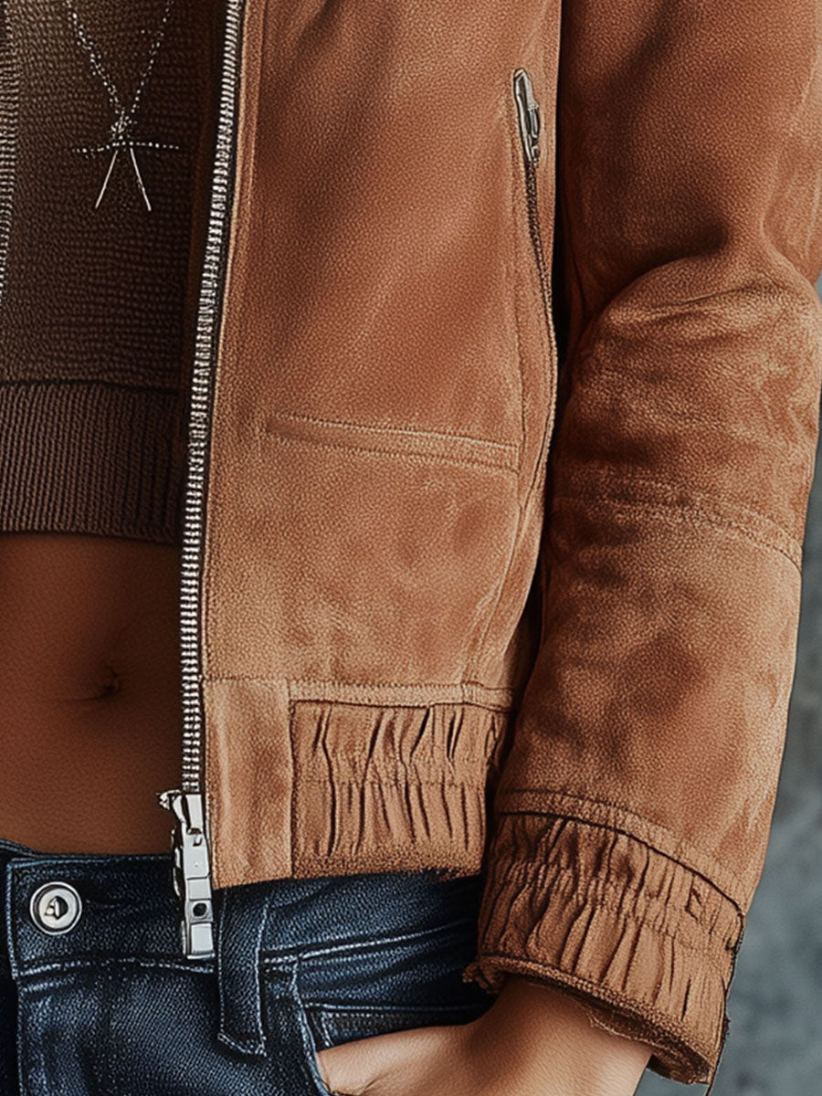 Veste Zippée en Suédine Marron avec Douce Finition en Peluche Vintage