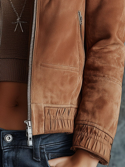 Veste Zippée en Suédine Marron avec Douce Finition en Peluche Vintage