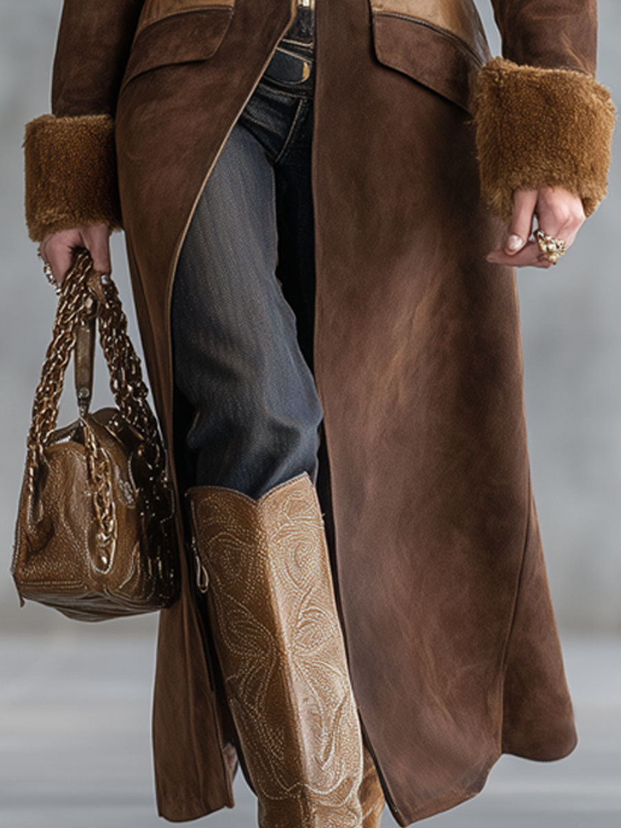 Veste Zippée en Suède avec Col en Fourrure Synthétique