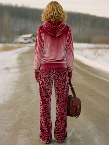 Ensemble Décontracté : Sweatshirt en Velours Rose Dégradé et Pantalon Imprimé Léopard