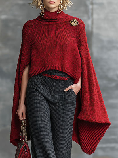 Rétro Rouge : Pull Cape Tricoté Élégant
