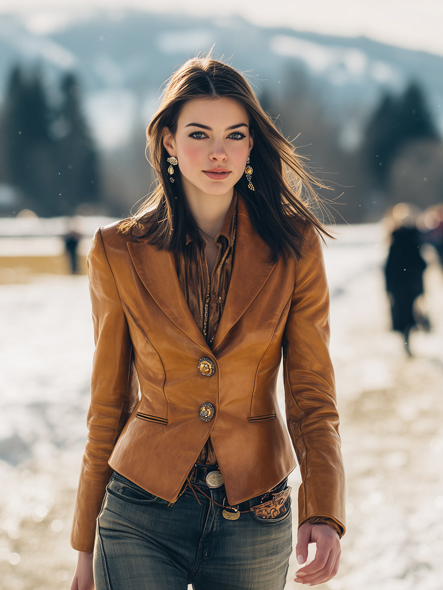Veste Chic en Simili Cuir Marron Style Western