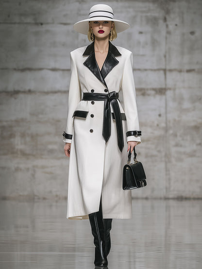 Élégant Manteau Mi-Long en Simili Cuir avec Col et Détails Blancs